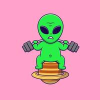 Cute Alien Lifting Barbell On Planet Cartoon Vector Icons Illustration. Flat Cartoon Concept. Suitable for any creative project.