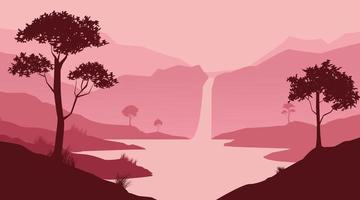 background view of waterfalls, silhouettes of forests and mountains vector