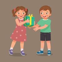 cute little girl giving gift to a boy for his birthday or Christmas present vector