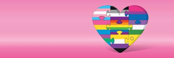 9 Pride flags inside puzzle pieces forming a heart against pink background. Vector image