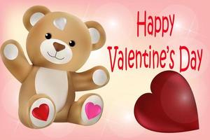 Teddy bear and a big heart on a pink background with the inscription Happy Valentine's Day. Vector image