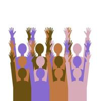 People, team, crowd.A group of people of different colors with raised hands as a symbol of joy, unity, protest, strength, victory, success.Isolated background vector