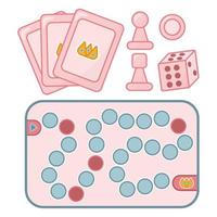 juego de mesa rosa. dados, figuras en movimiento, cartas, juegos vector