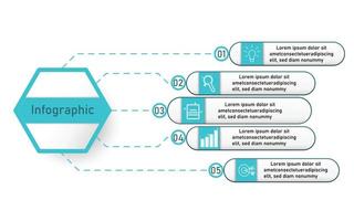 Infographic template for business information presentation. Vector oval and geometric elements. Modern workflow diagrams. Step report plan 5 topics