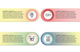 Infographic template for music business information presentation. Vector circles and ellipse elements. Modern workflow diagrams. Report plan musical instrument 4 topics