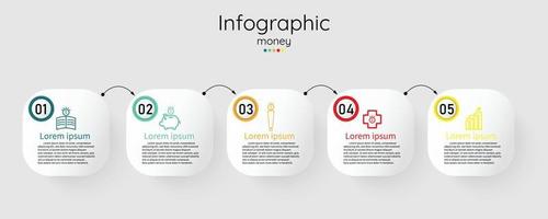 Money Infographic template for planning business information presentation. Vector square and geometric elements. Modern workflow diagrams. Report plan 5 topics