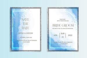 tarjetas de invitación de marco de boda colección de diseño azul en estilo acuarela. fondo de textura de acuarela, folleto, plantilla de invitación. vector