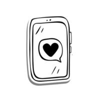 Doodle Line Smart Phone with Heart on white silhouette and gray shadow. Vector illustration Valentine Theme for decoration or any design.