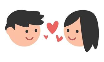 caras de personajes de dibujos animados divertidos masculinos y femeninos mirándose el uno al otro. enamórate del icono del corazón. concepto de amor, romántico, citas. ilustración vectorial en estilo plano. vector