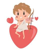 cute cupid is sitting on floating heart symbol. holding a bow. cartoon character. isolated on white background. concept of love, romance, etc. sticker, card. vector illustration in flat style.