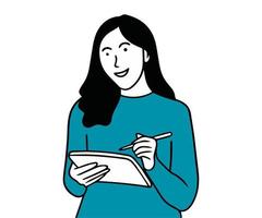 The businesswoman smiled while holding her work tablets vector