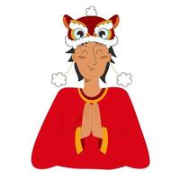 Happy boy character in chinese traditional clothes and lion hat in pray pose. Character design. Vector stock illustration isolated on white background