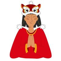 Happy girl character in chinese traditional clothes and lion hat in pray pose. Character design. Vector stock illustration isolated on white background