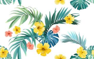 Tropical pattern with monstera leaves and hibiscus flowers. Summer illustration. vector