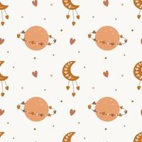 Seamless pattern with moon, planet and hearts. Background for wrapping paper, greeting cards and seasonal designs. Happy Valentine's day. vector