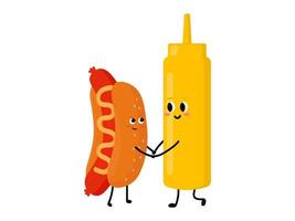 Cute Hot Dog and bottle of mustard falling in love. Love and Valentine's Day concept. Illustration isolated on white background. vector