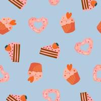 Seamless pattern with cartoon heart shaped donut, muffin, cake. Background for wrapping paper, textile, posters, cards. vector