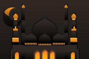 Mosque in flat design with floral crescent moon in brown background for ramadan kareem vector