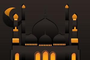 Mosque in flat design with floral crescent moon in brown background for ramadan kareem vector