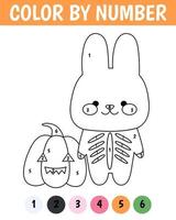 Color by number game for kids. Happy rabbit with pumpkin. Cute kawaii bunny. Halloween concept. Printable worksheet with solution for school and preschool. Learning numbers activity. vector