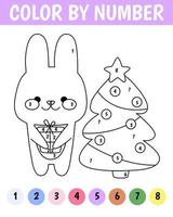 Color by number game for kids. Kawaii rabbit with gift and christmas tree. Bunny is a symbol of the year 2023. Printable worksheet with solution for school and preschool. Learning numbers activity. vector