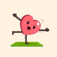 personaje de corazón de dibujos animados haciendo ejercicio en estera de yoga vector