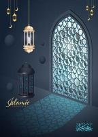 diseño de tarjeta de felicitación de ramadan kareem con caligrafía islámica de arte mandala, afiche islámico de ramadan 'fondo de ramadan kareem con hermosos faroles minero de mezquita y pancarta árabe islámica. vector