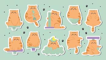 The collection stickers with  of cute funny grumpy ginger cat. Cats sitting, sleeping and playing with cats house. Cute funny cartoon cat character in different poses. vector