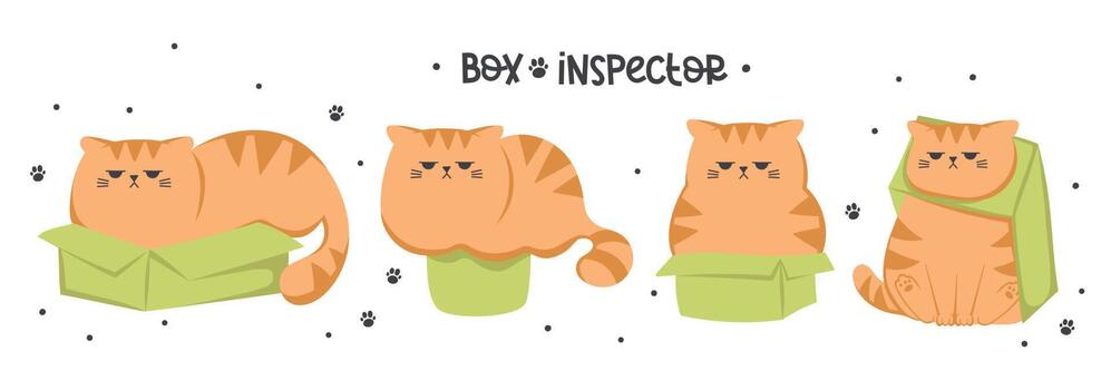 Cute funny grumpy ginger cat in the paper box. Cats sitting, sleeping and playing in cardboard box. Cute cartoon character in different poses with box. vector