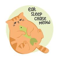 Cute funny grumpy ginger cat. Cat playing with toy fish. Cute funny cartoon cat character in different poses. vector