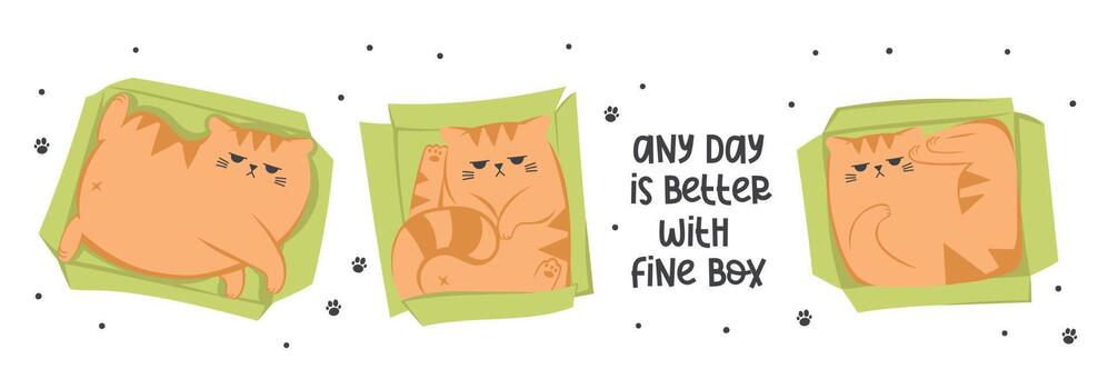 Cute funny grumpy ginger cat in the paper box. Cats sitting, sleeping and playing in cardboard box. Cute cartoon character in different poses with box. vector