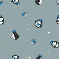 Seamless pattern of cute penguins dressed in a hat and scarf next to a Christmas tree and a bucket of fish hand drawn in flat style vector