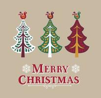 letras de feliz navidad con árboles de navidad y lindos pájaros vector
