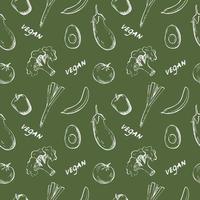 Seamless repeat pattern with vegetables, fruits and the word vegan on a green background. Hand drawn vegetables, fruits and inscriptions in a pattern for textiles, wrapping paper and packaging design vector