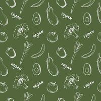 Seamless repeat pattern with vegetables, fruits and the word vegan on a green background. Hand drawn vegetables, fruits and inscriptions in a pattern for textiles, wrapping paper and packaging design vector