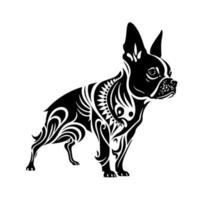 Cute, ornamental Boston Terrier dog. Vector image for logo, emblem, tattoo, embroidery, laser cutting, sublimation.