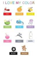 I Love My Color Poster. Color education worksheet for preschool. Vector illustration file.