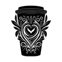 Ornamental coffee cup with love heart. Vector image for, logo, emblem, embroidery, cutting, sublimation.