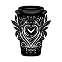 Ornamental coffee cup with love heart. Vector image for, logo, emblem, embroidery, cutting, sublimation.