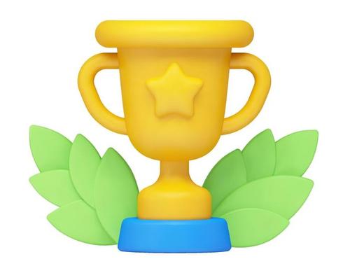 Vector 3d realistic illustration, award, yellow cartoon cup with a star and a laurel wreath