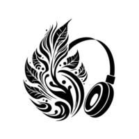 Headphones with ornamental leaves. Vector illustration for, logo, emblem, embroidery, tattoo, laser cutting, sublimation.