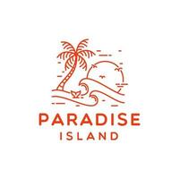 Paradise Island Logo. Ocean Sea Waves with Sunset Background Design Vector