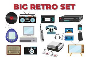 Set of old retro vintage tech electronics cassette audio tape recorder, computer, game consoles for video games from the 70s, 80s, 90s. Vector illustration