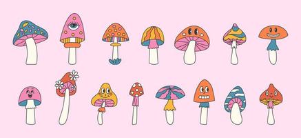 Groovy mushrooms retro set vector