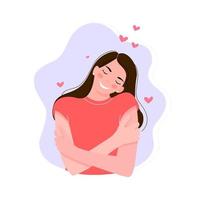 Vector woman hugging herself character.Love yourself. Love your body concept. Girl Healthcare Skincare. Take time for your self. Woman hugging herself with hearts on white background. Pastel pink cute