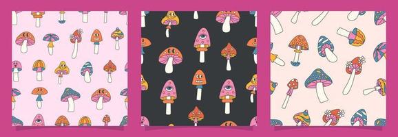 Groovy mushrooms seamless patterns vector