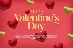 cartel o pancarta de feliz día de san valentín con fuente linda y muchas promociones de corazones dulces y plantilla de compras o fondo para el amor y el concepto de día de san valentín pro vector