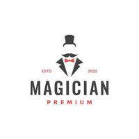 man long mustache magician business suit and long hat entertain with hipster vintage style logo design vector icon illustration template