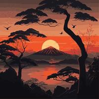 hermosa ilustración de la puesta de sol en medio de las montañas y elementos que contienen un árbol, un estanque, pájaros en el cielo, vector