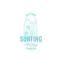 surfing board ocean wave holiday sport hobby line art logo design vector icon illustration template